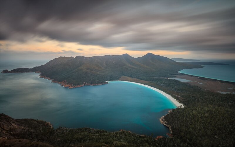 Coastal Bay with Mountains — Blue, Dramatic, Sunset