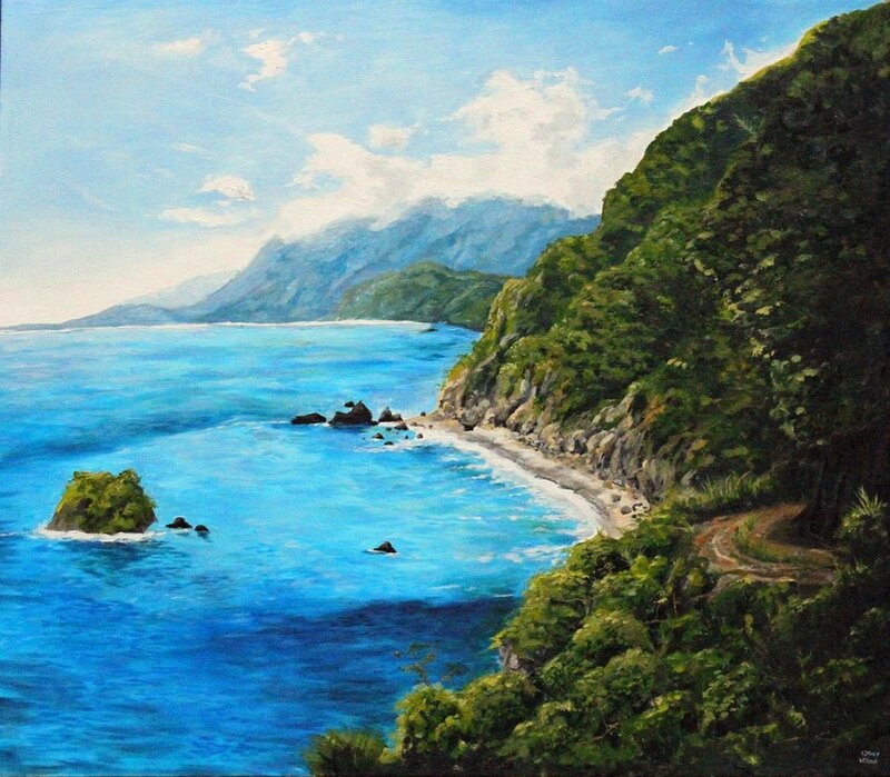 Coastal Bay with Mountains — Blue, Serene, Afternoon, Painting
