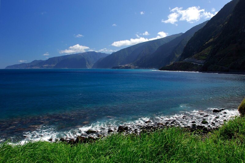 Coastal Bay with Mountains — Blue, Serene, Afternoon, Photograph, Ocean, Grass