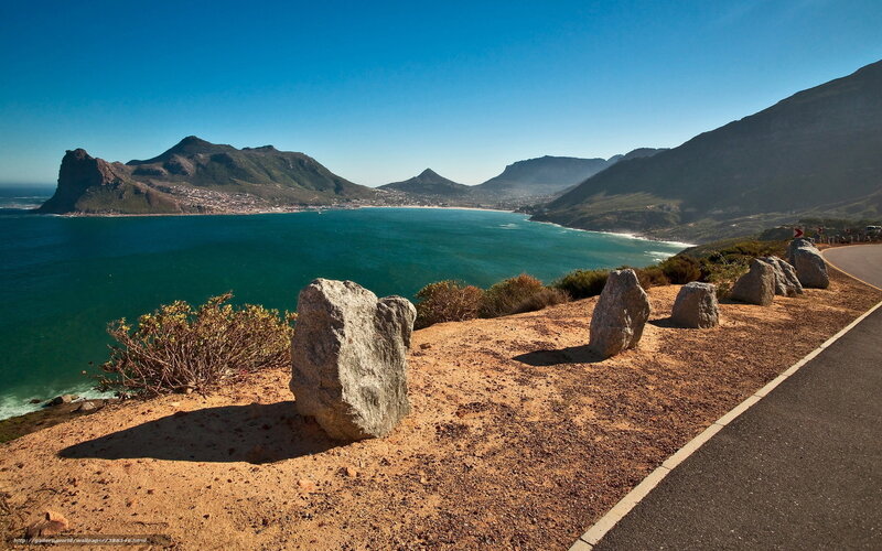 Coastal Bay with Mountains — Blue, Serene, Afternoon, Photograph, Ocean, Road
