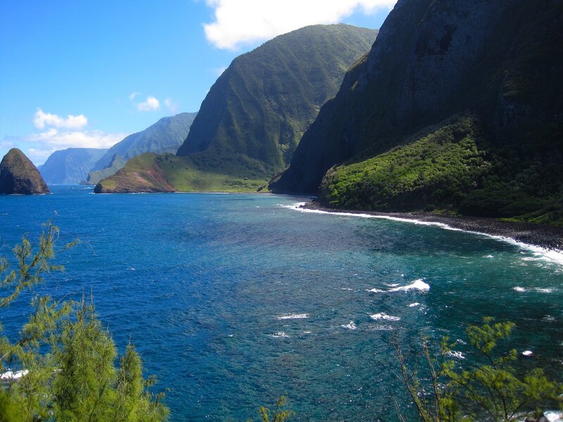Coastal Bay with Mountains — Blue, Serene, Afternoon, Photograph, Ocean, Trees