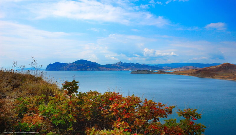 Coastal Bay with Mountains — Blue, Serene, Afternoon, Photograph, Sea, Bushes, Sky