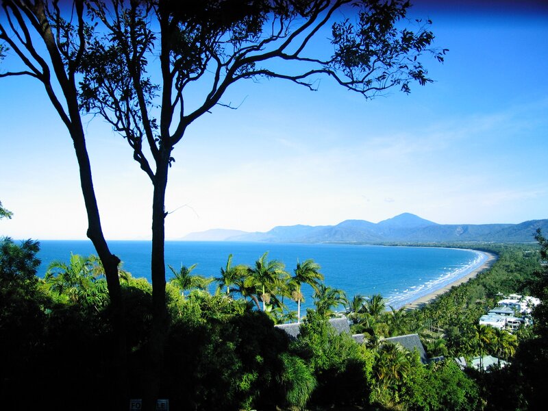 Coastal Bay with Mountains — Blue, Serene, Afternoon, Photograph, Trees, Palm Trees