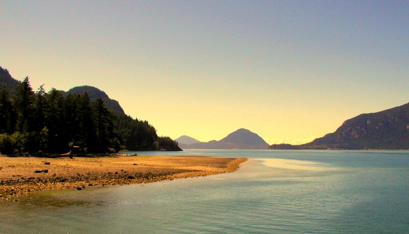 Coastal Bay with Mountains — Blue, Serene, Sunset, Photograph, Trees