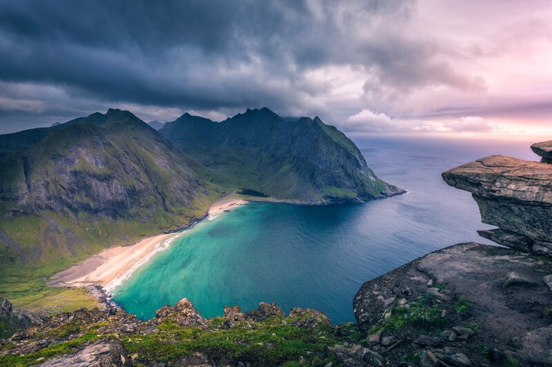 Coastal Bay with Mountains — Green, Dramatic