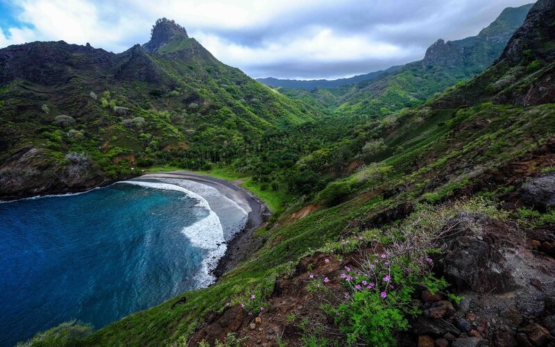 Coastal Bay with Mountains — Green, Serene