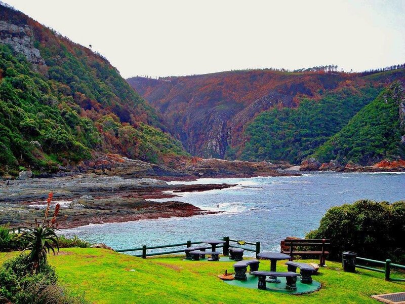 coastal bay with picnic tables