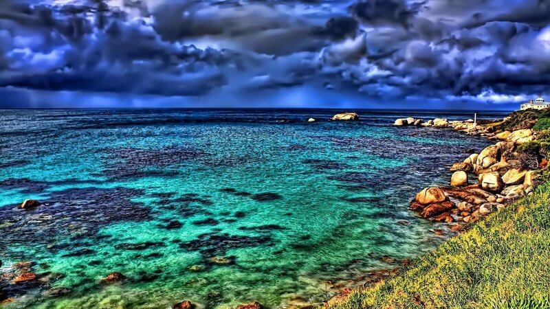 Coastal Bay with Rocks — Blue, Dramatic, Photograph