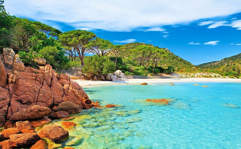 Coastal Bay with Rocks — Blue, Serene, Afternoon, Photograph, Trees, Beach