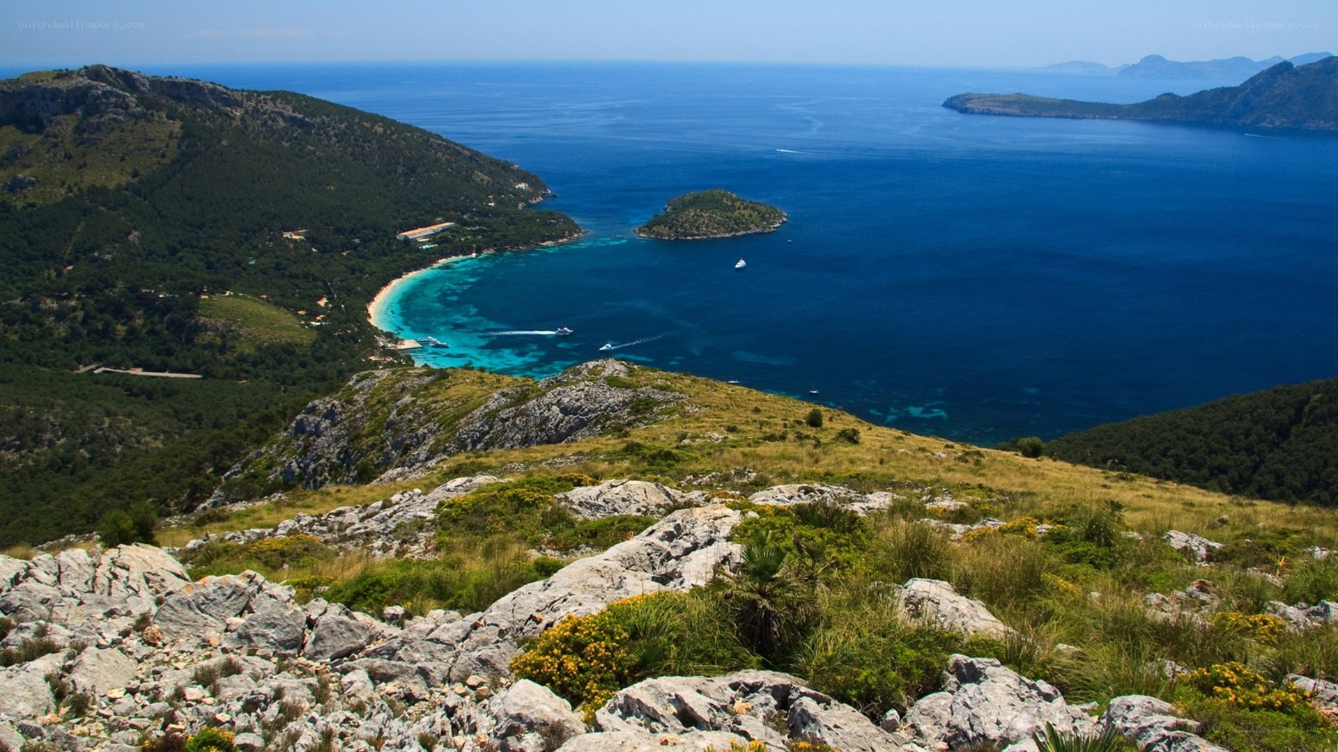 coastal bay with rocky hills