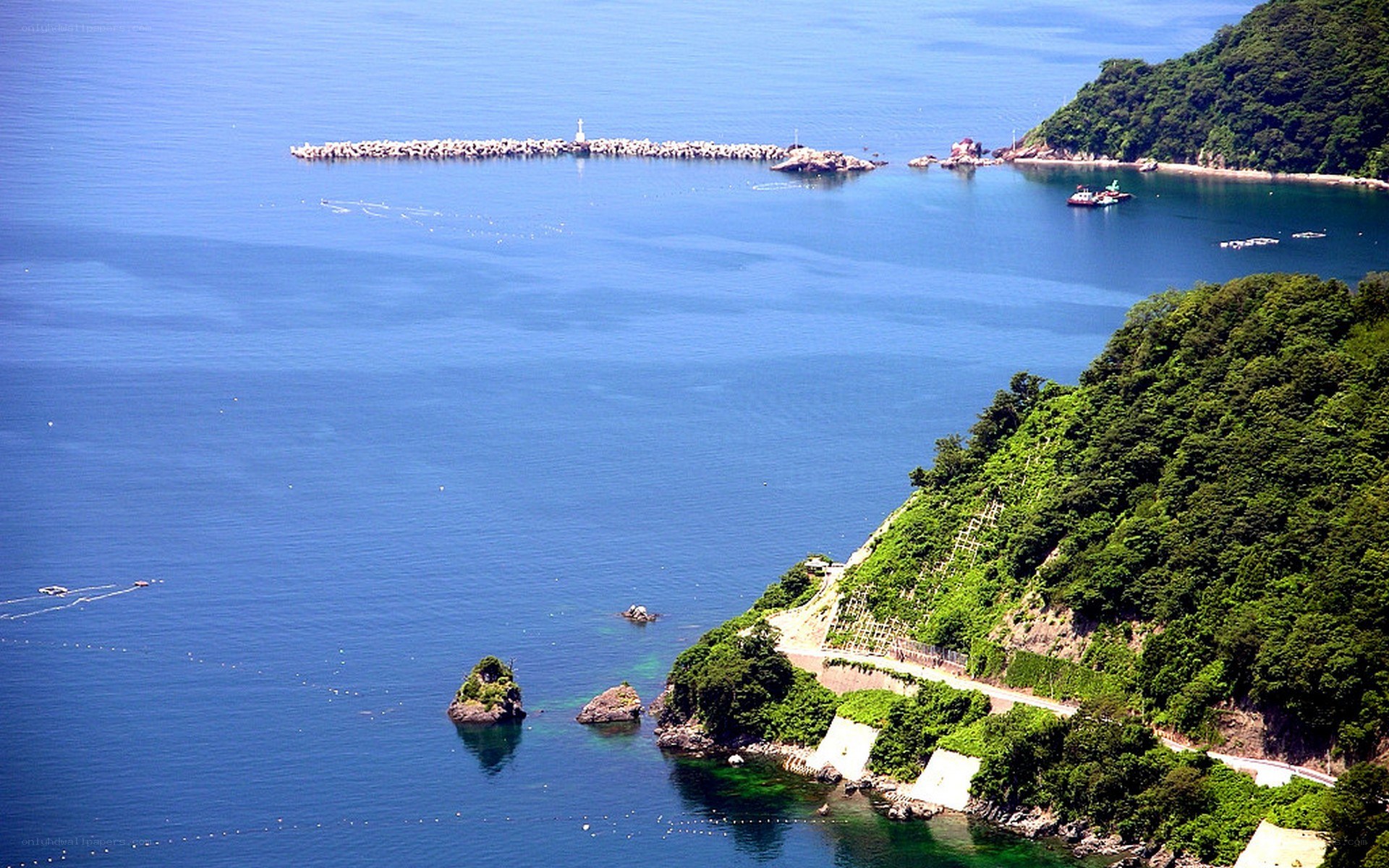coastal bay with rocky outcrops