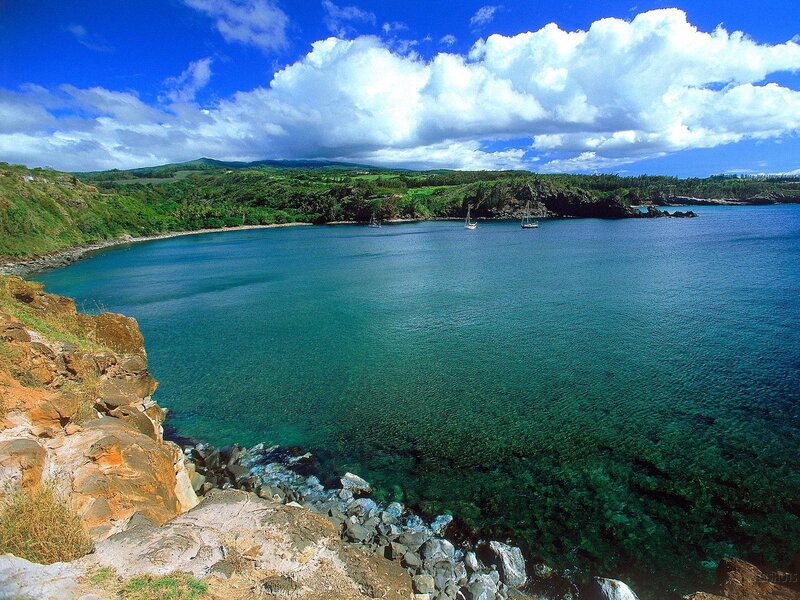Coastal Bay with Sailboats — Blue