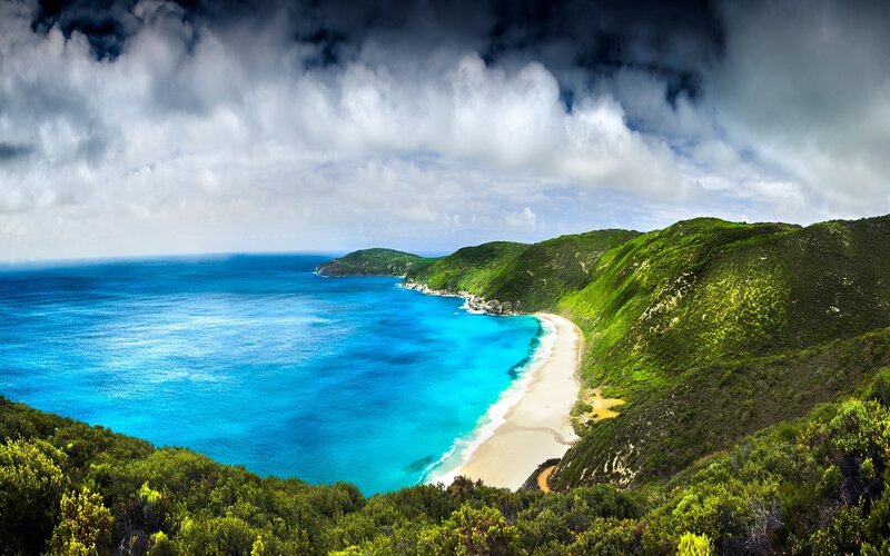 Coastal Bay with Sandy Beach — Blue, Dramatic