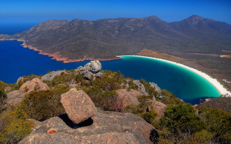 Coastal bay with white sand beach