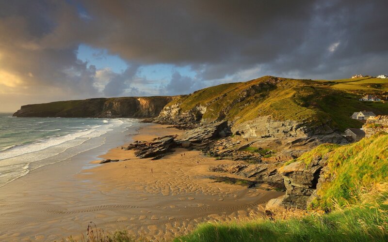 Coastal Beach with Cliffs — Green, Dramatic, Sunset, Photograph, Ocean