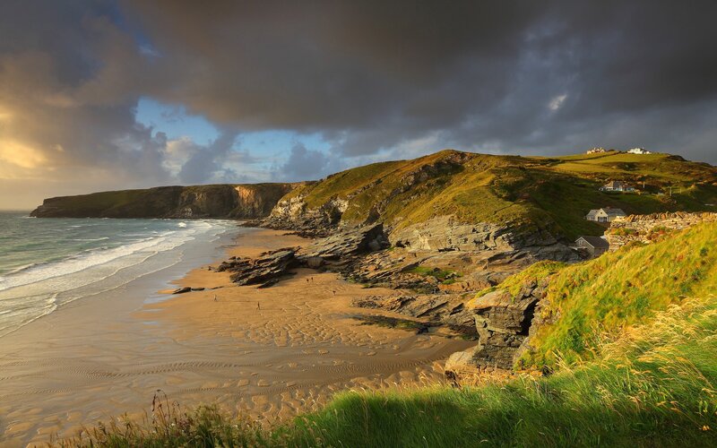 Coastal Beach with Cliffs — Green, Dramatic, Sunset, Photograph