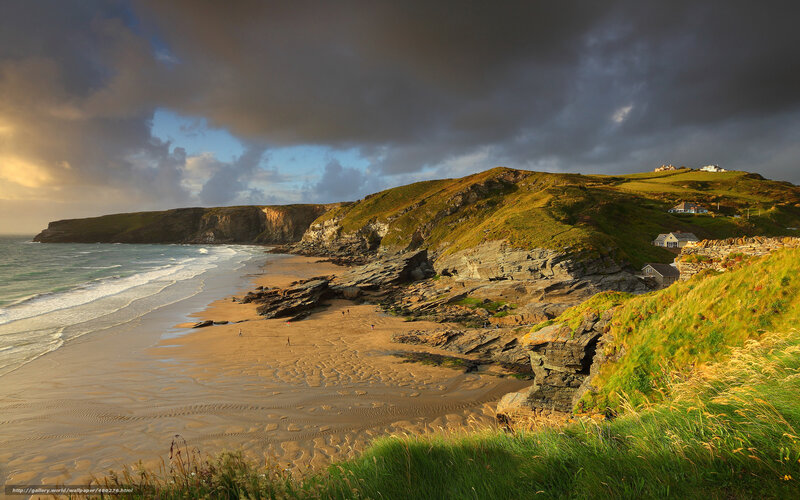 Coastal Beach with Cliffs — Green, Dramatic, Sunset