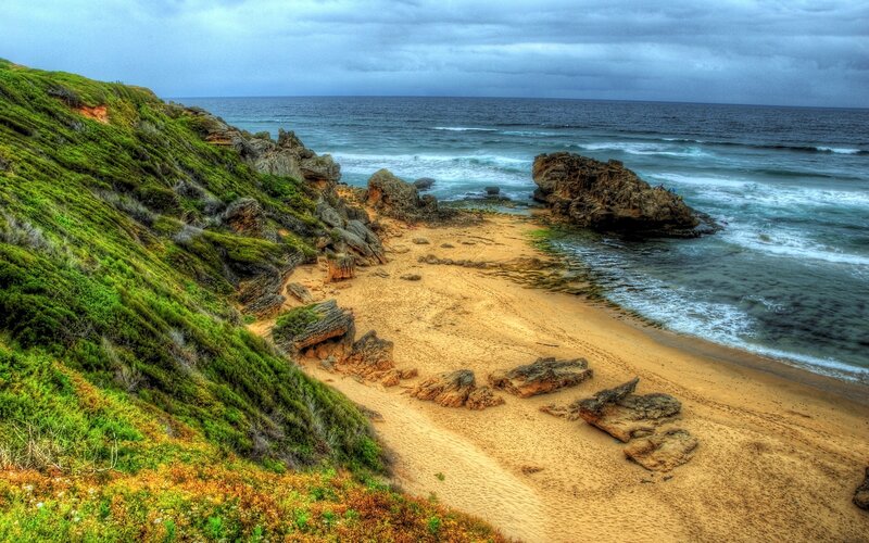 Coastal Beach with Cliffs — Green