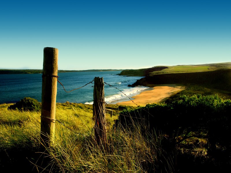 Coastal Beach with Fence — Blue, Serene, Afternoon, Photograph, Ocean