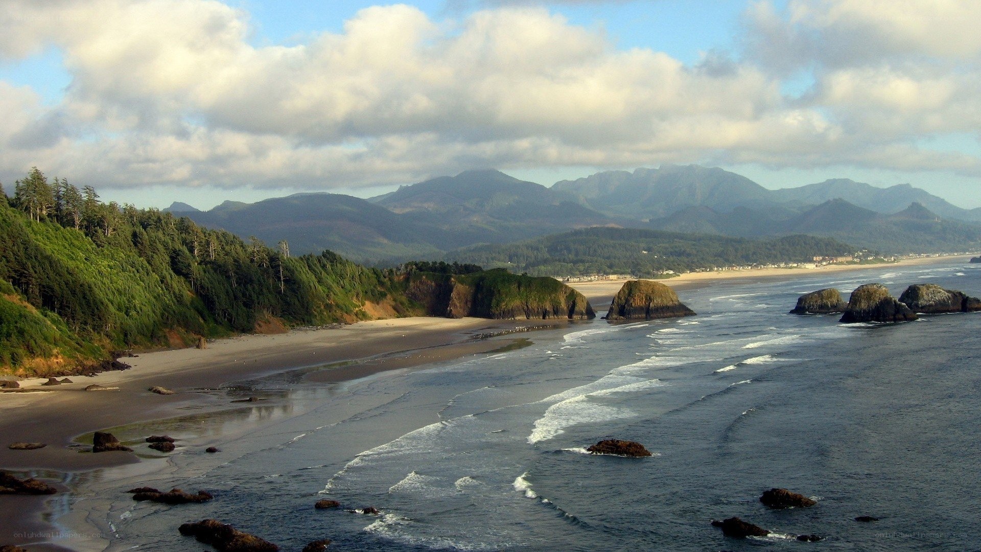coastal beach with mountains