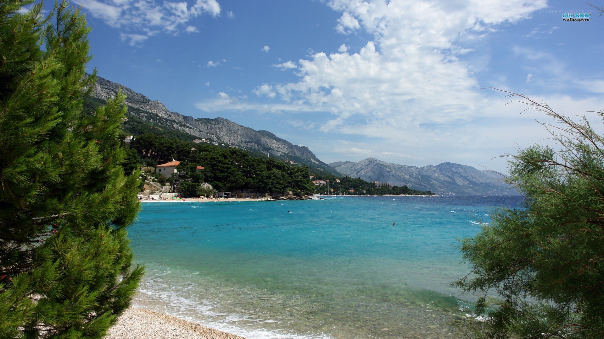 Coastal beach with mountains