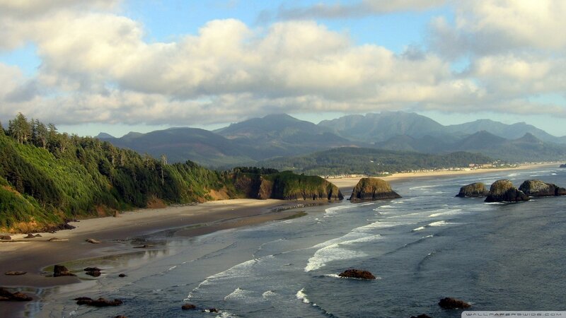 Coastal Beach with Mountains — Blue