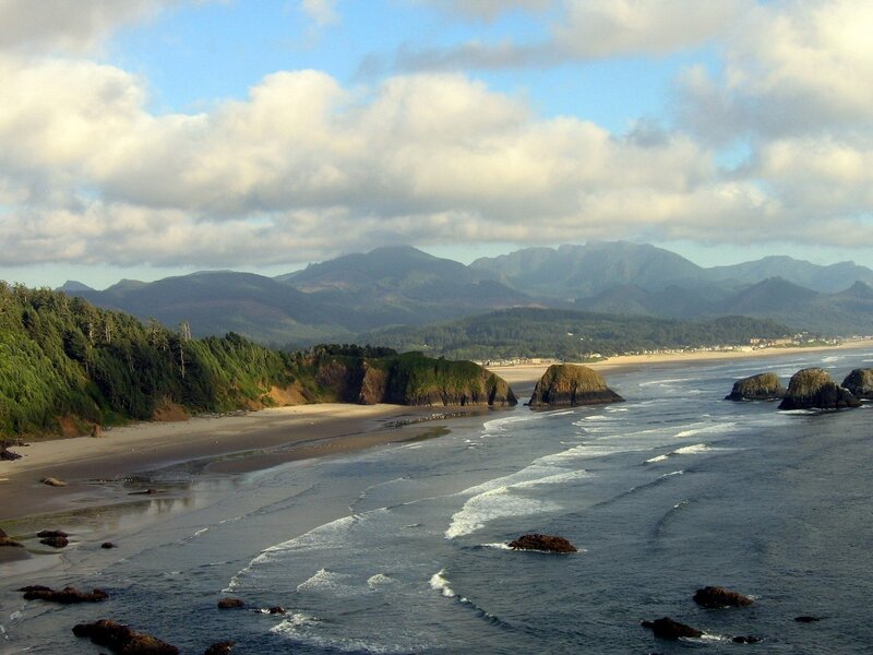 Coastal Beach with Rocks — Blue, Serene, Afternoon, Photograph, Mountains, Ocean