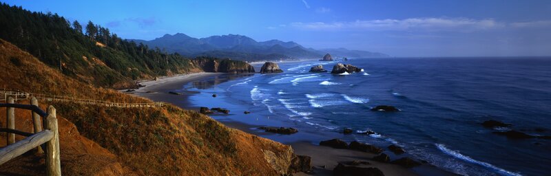 Coastal Beach with Sea Stacks — Blue, Serene, Afternoon, Photograph, Mountains, Ocean, Forest