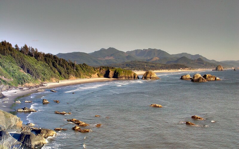 Coastal Beach with Sea Stacks — Blue, Serene, Afternoon, Photograph, Mountains
