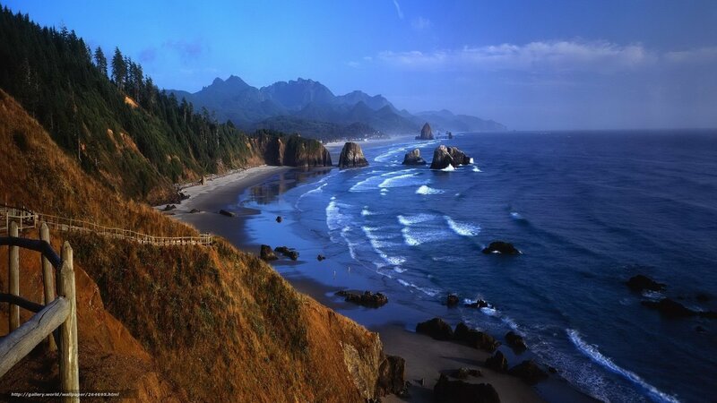 Coastal Beach with Sea Stacks — Blue, Serene, Afternoon, Photograph