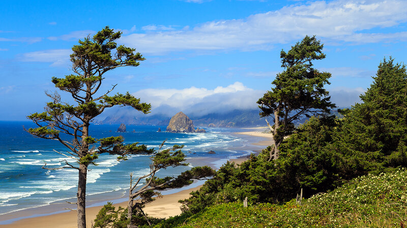 Coastal Beach with Sea Stacks — Blue, Serene