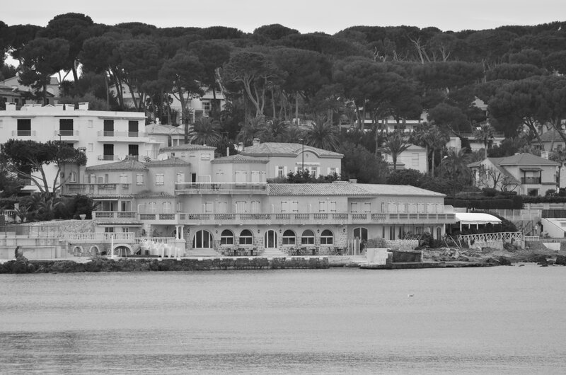 coastal buildings in black and white