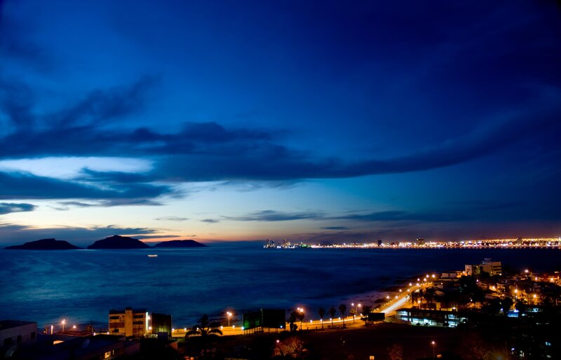 coastal city at dusk