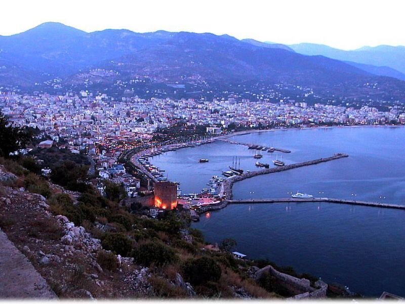coastal city at dusk