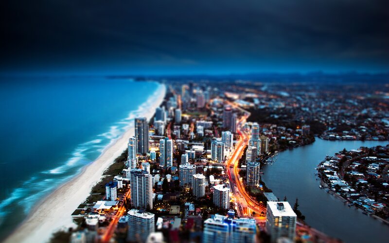 Coastal City at Dusk — Blue, Dramatic, Night, Photograph, Beach