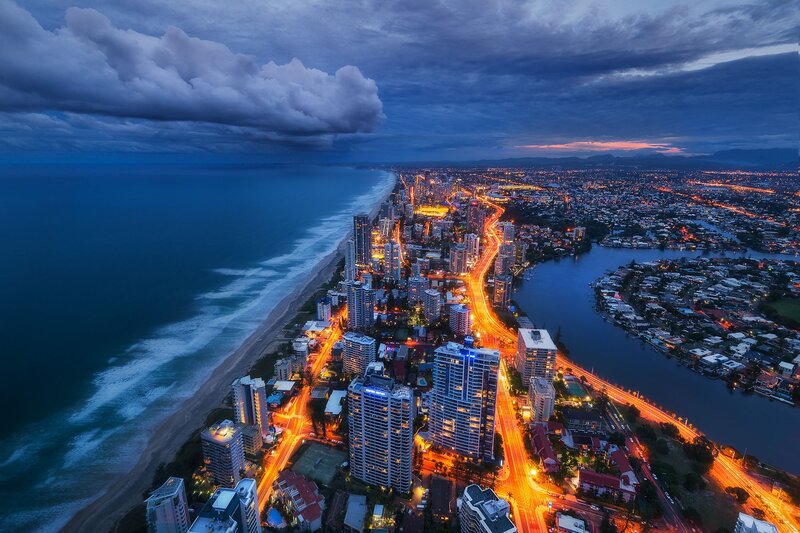 Coastal City at Dusk — Blue, Dramatic, Night, Photograph