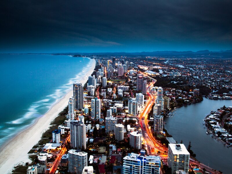 Coastal City at Dusk — Blue, Dramatic, Night