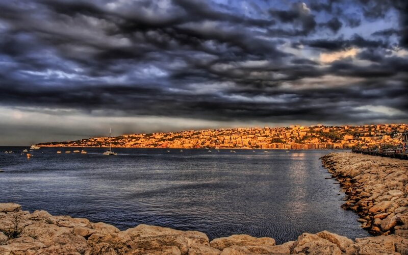 Coastal City at Dusk — Blue, Dramatic