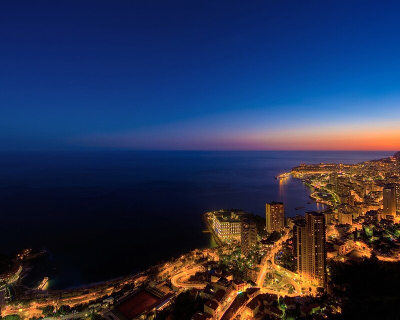 Coastal City at Dusk — Blue, Serene, Night, Photograph, Ocean