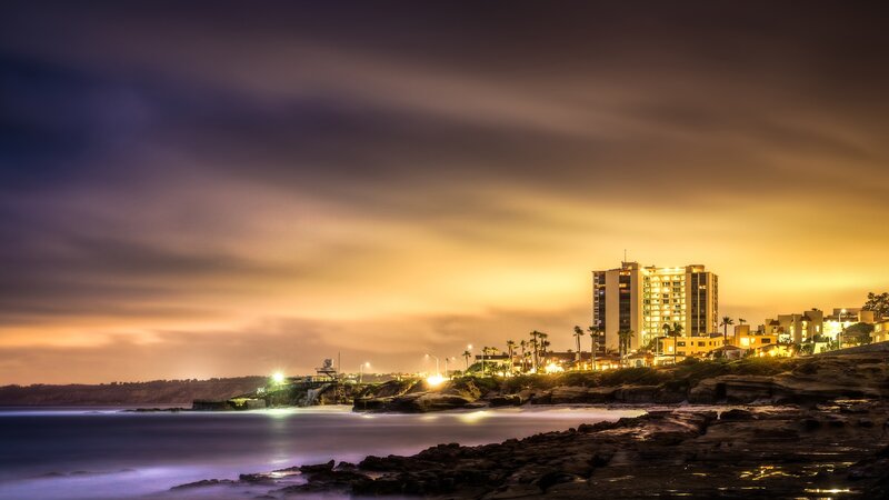 Coastal City at Dusk — Purple, Dramatic
