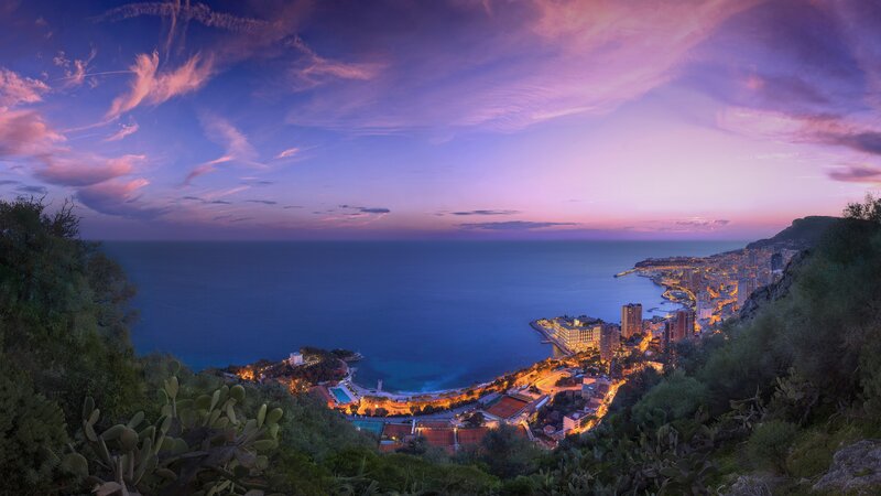Coastal City at Dusk — Purple, Serene, Sunset, Photograph