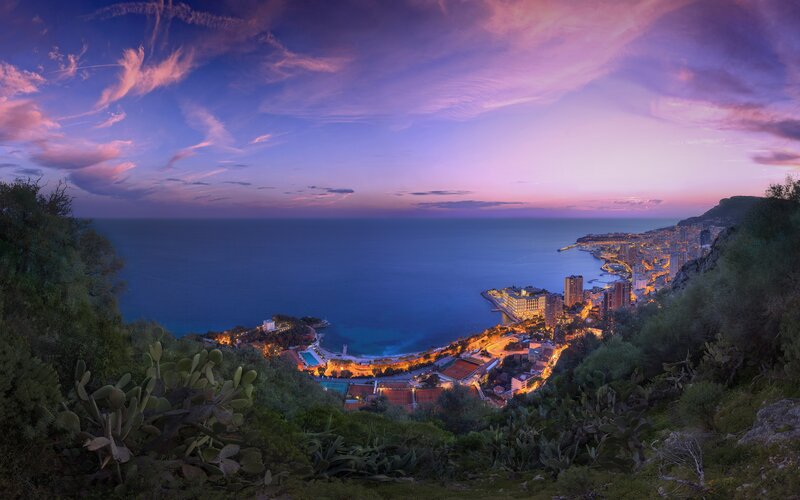 Coastal City at Dusk — Purple, Serene, Sunset