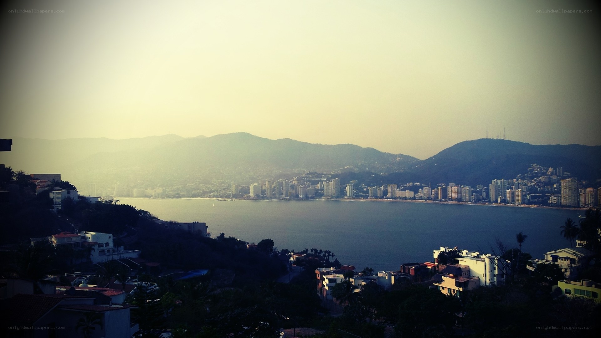 coastal city at dusk