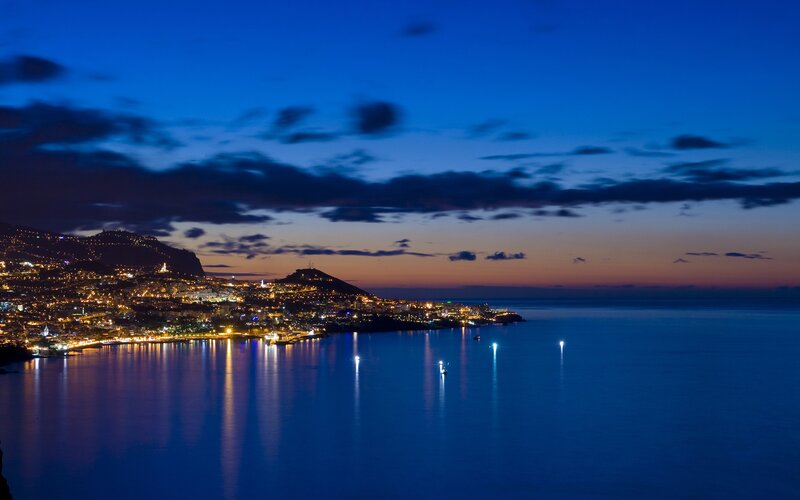 Coastal City at Night — Blue, Serene, Photograph, Mountain