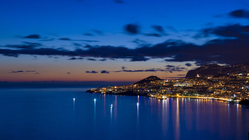 Coastal City at Night — Blue, Serene