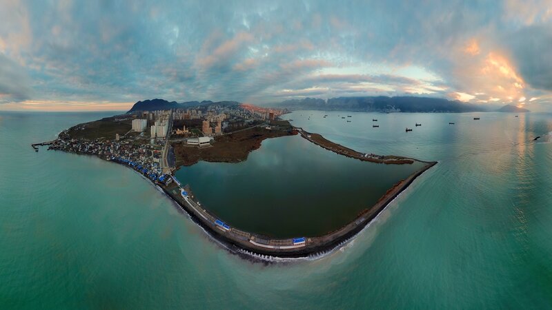Coastal City at Sunset — Blue, Dramatic, Photograph