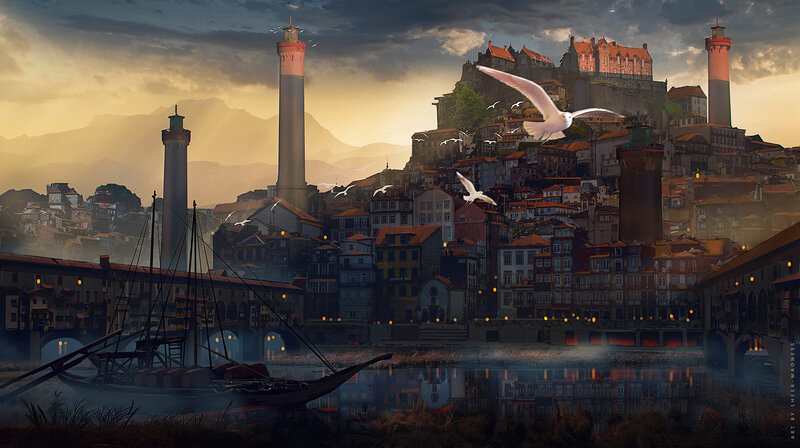 Coastal City at Sunset — Orange, Dramatic