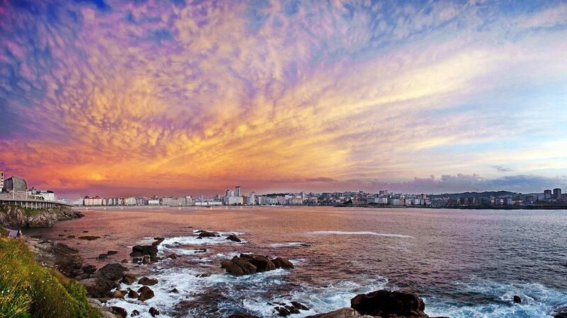 Coastal City at Sunset — Purple