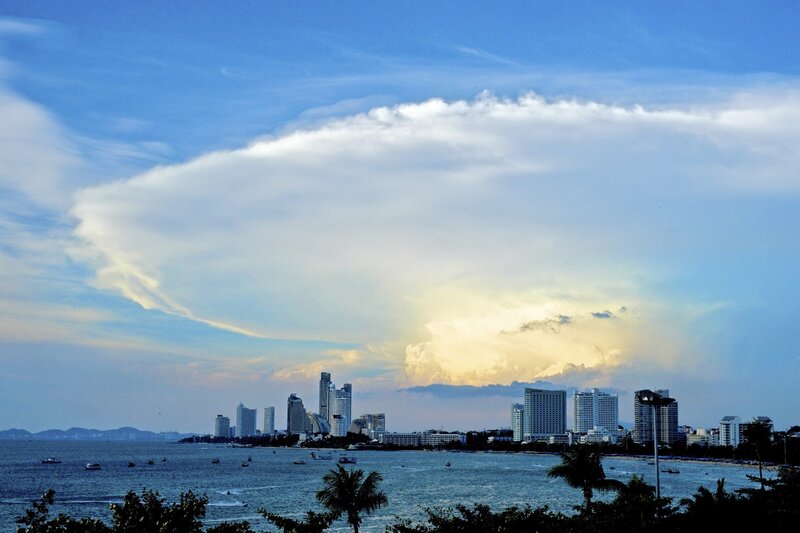 coastal city skyline at sunset