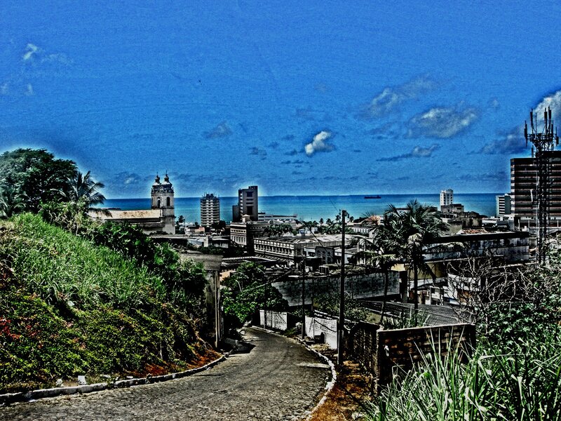 coastal city with church and ocean
